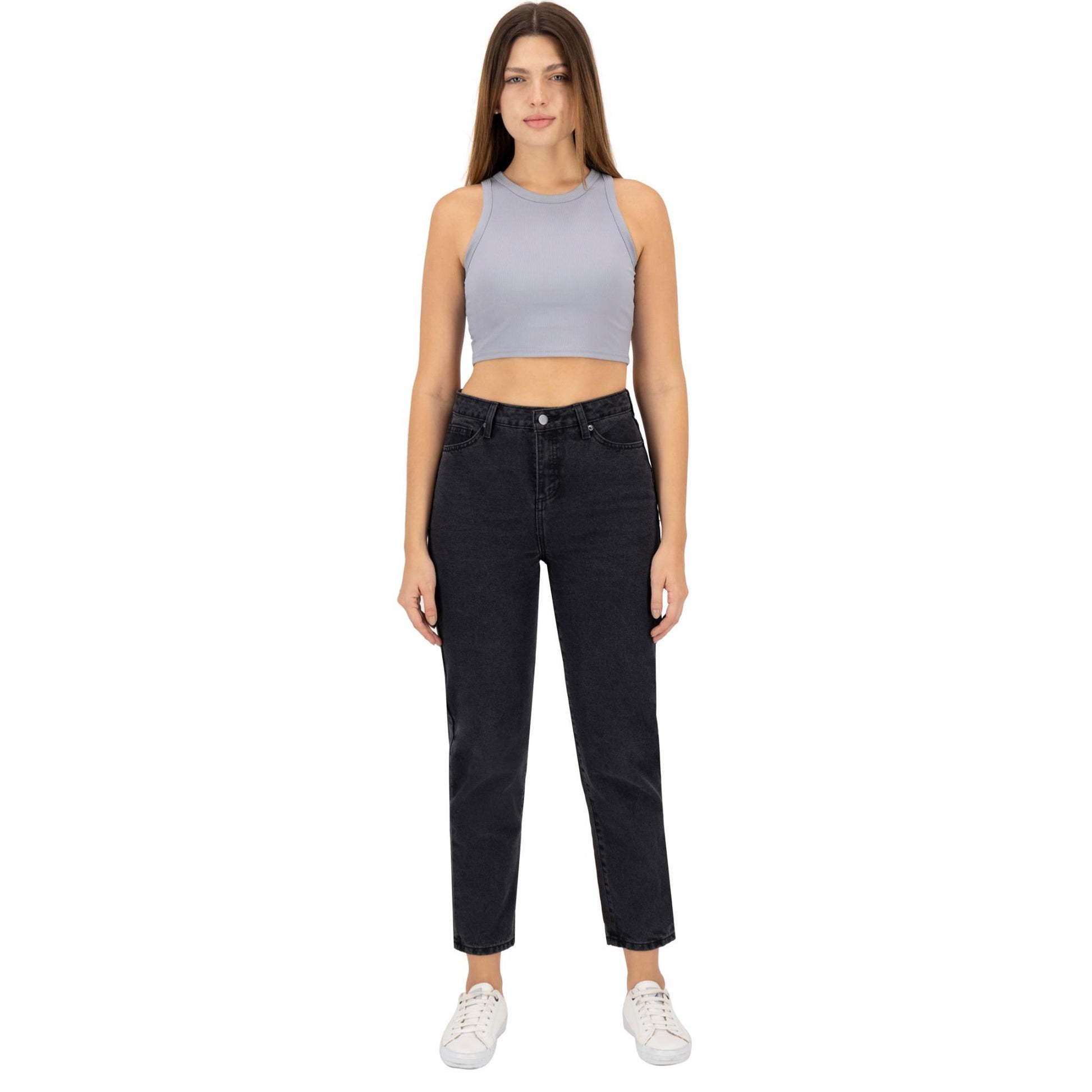 Jeans mom mujer gris rígida - cintura