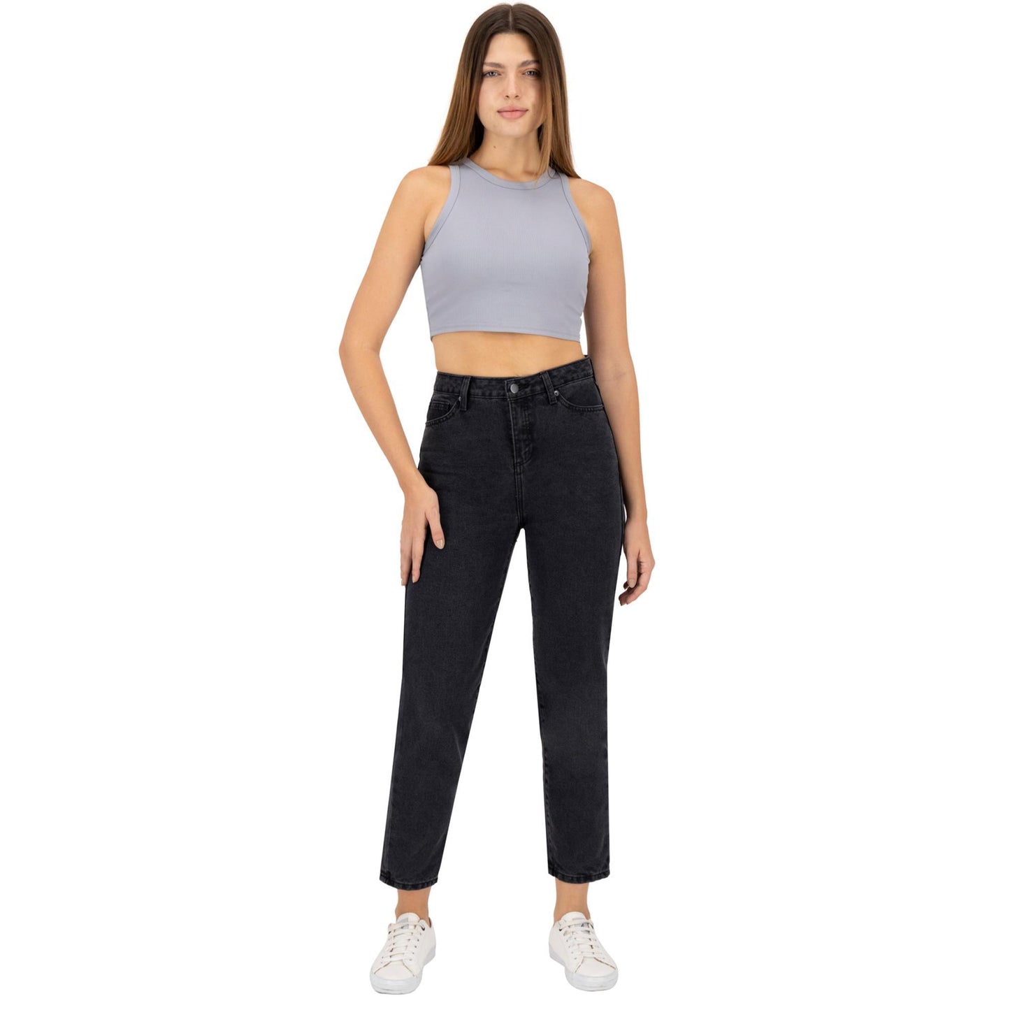 Jeans mom mujer gris rígida - detalle