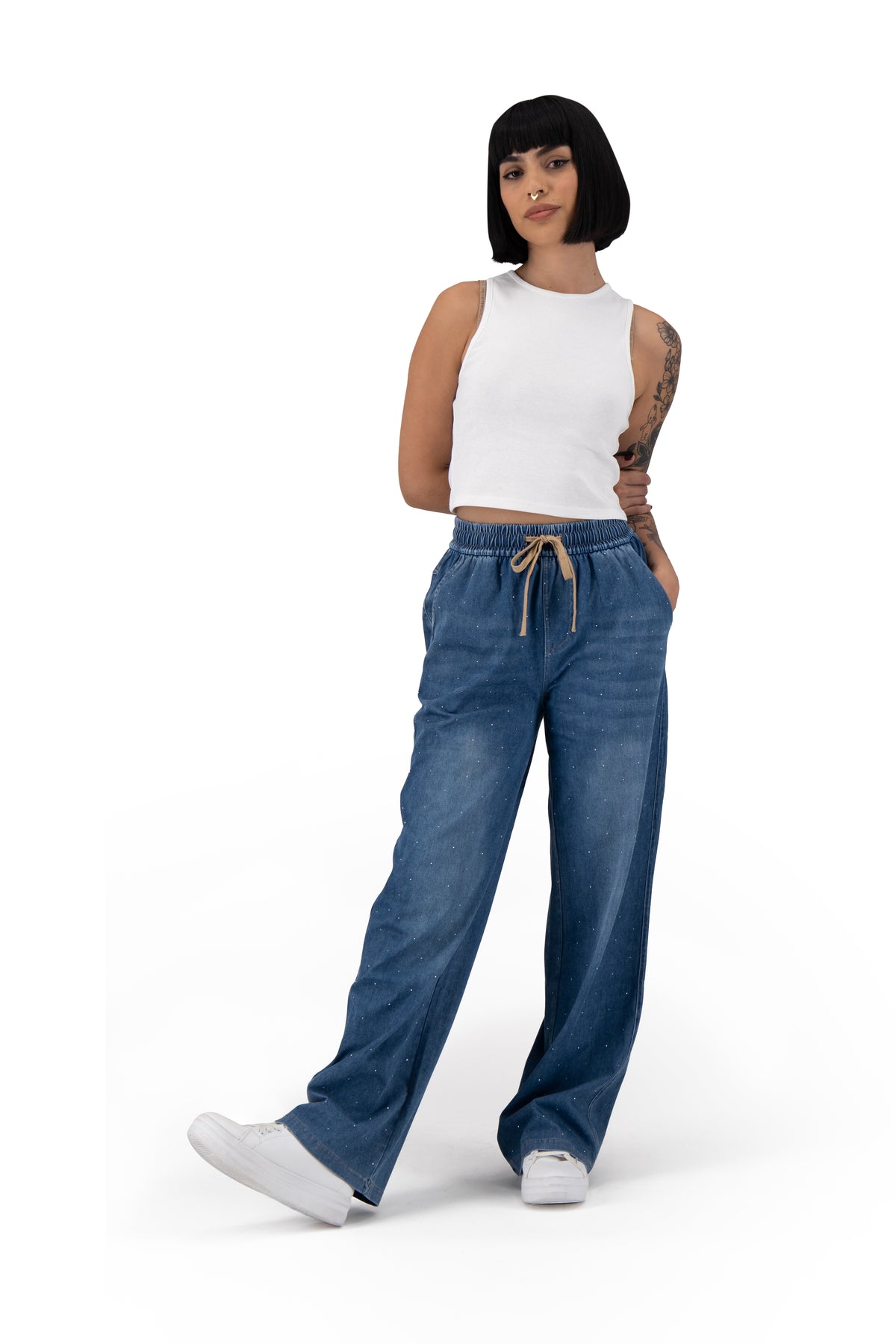Jeans Pierna Amplia Mujer Azul Claro con Brillos