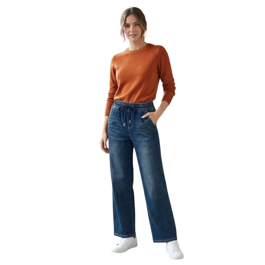 Jeans Pierna Amplia Mujer Azul con Pretina Y Cordones