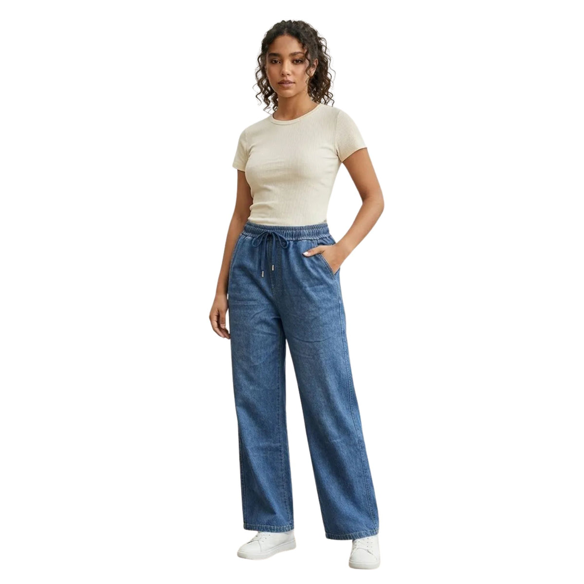Jeans Pierna Amplia Mujer Azul con Pretina Y Cordones