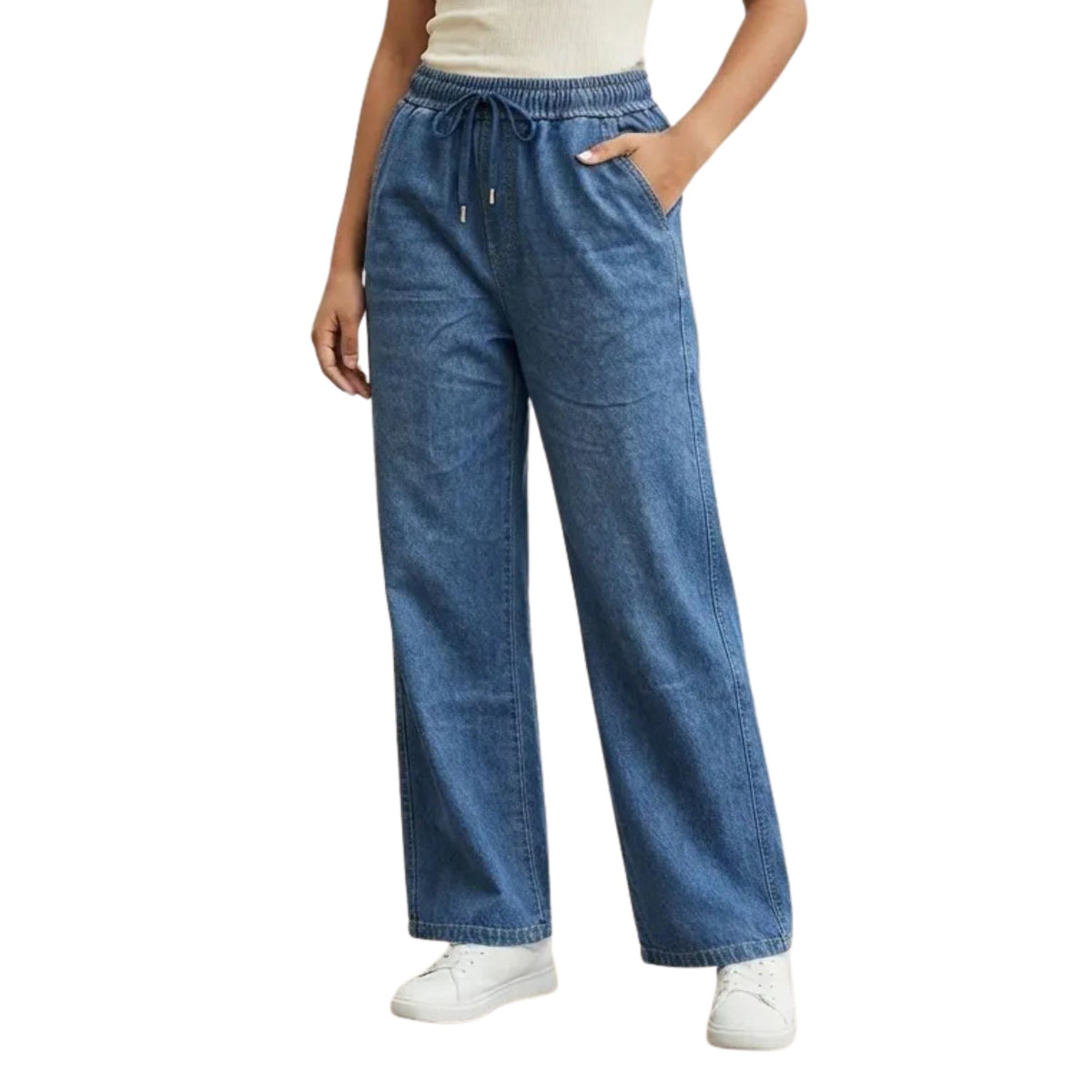 Jeans Pierna Amplia Mujer Azul con Pretina Y Cordones