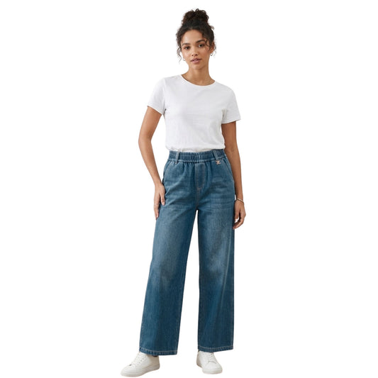 Jeans Pierna Amplia Mujer Azul Deslavado Con Pretina