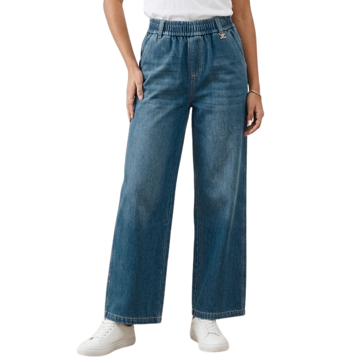 Jeans Pierna Amplia Mujer Azul Deslavado Con Pretina