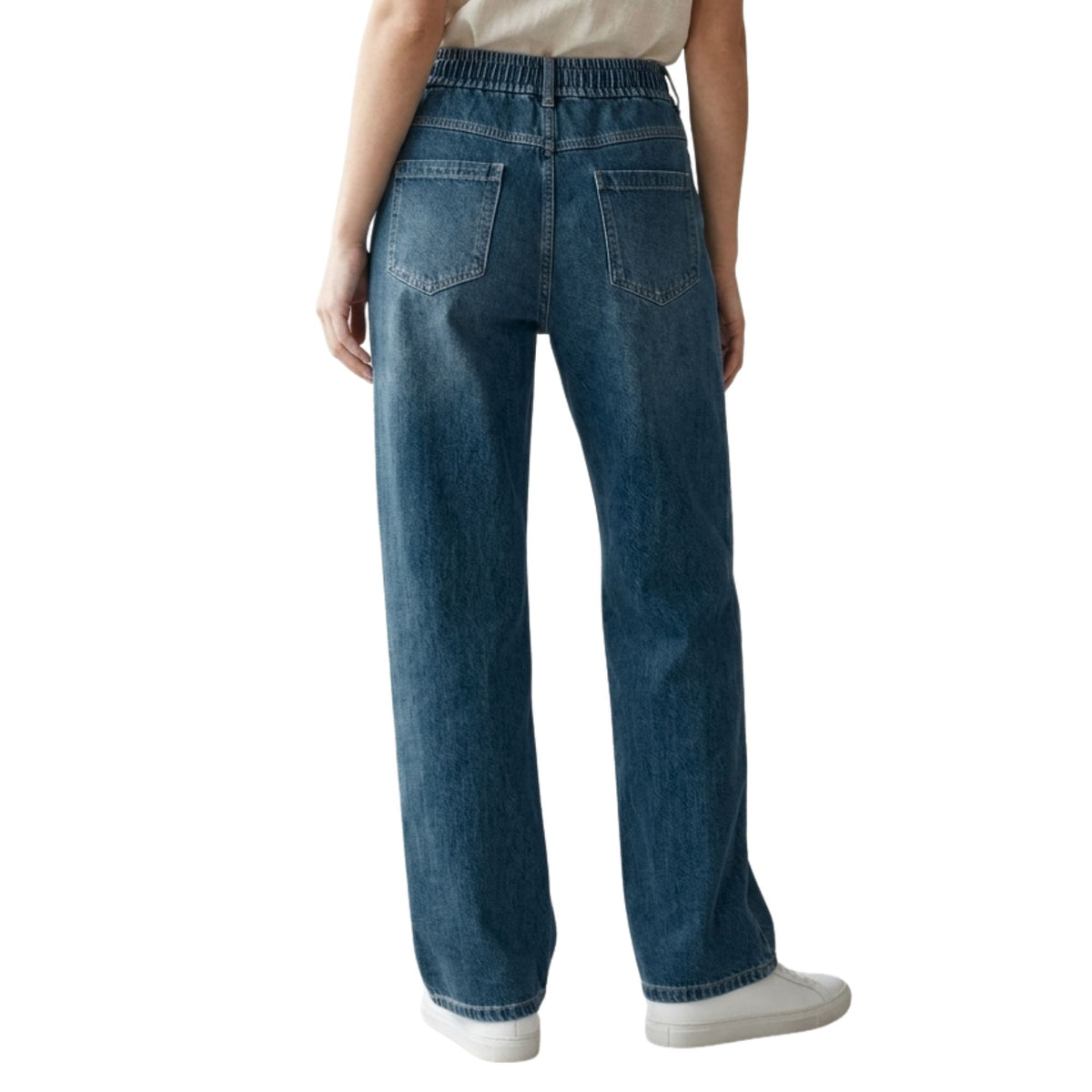 Jeans Pierna Amplia Mujer Azul Deslavado Con Pretina